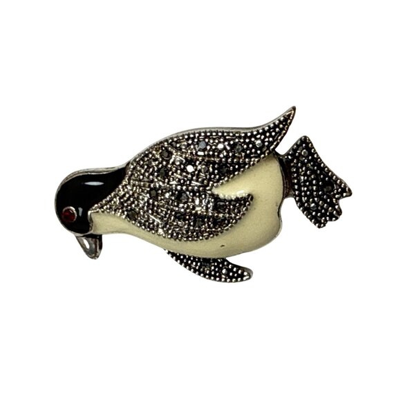 Penguin Brooch Sterling Silver Marcasite Simulated Ruby European Vintage Style - Picture 4 of 8
